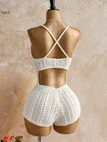 Boho White Crochet Romper for Women Front Tie Hollow Out Sleeveless Backless Knitted Playsuit Beach Holiday Outfit - Image 2