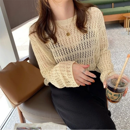

Beige transparent Hollowed Tops Slim Woman Women Pullover Knit Sweater Jumper Spring Top Cloth Clothes Coat Girl Lady Suéter