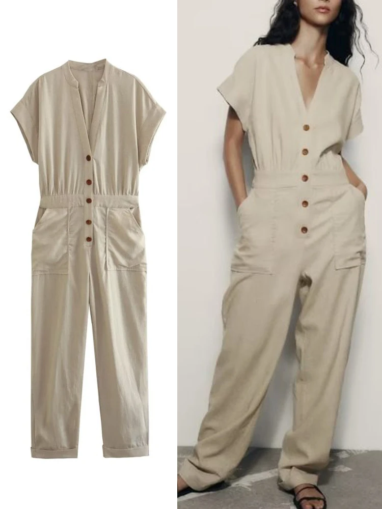 

TRAF Linen Elegant Long Womens Jumpsuit New Arrival 2023 Summer Fashion Short Sleeve Jumpsuits Female Vintage Wide Leg Pants
