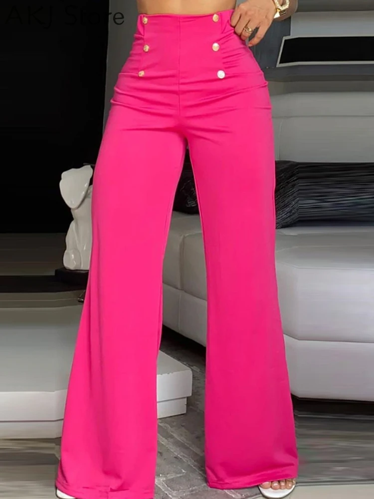 Women Button Design High Waist Wide Leg Pants Work Female Trousers