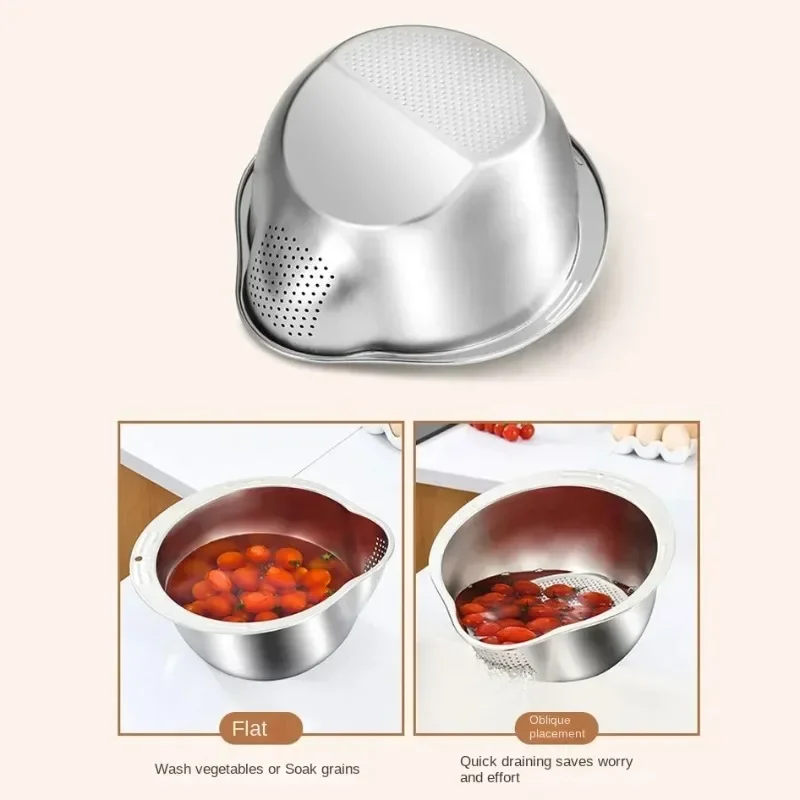 304 Stainless Steel Rice Washer Strainer Bowl Rice Washing Bowl Rice Sieve Colander Fruit And Vegetable Strainer Kitchen Tools L