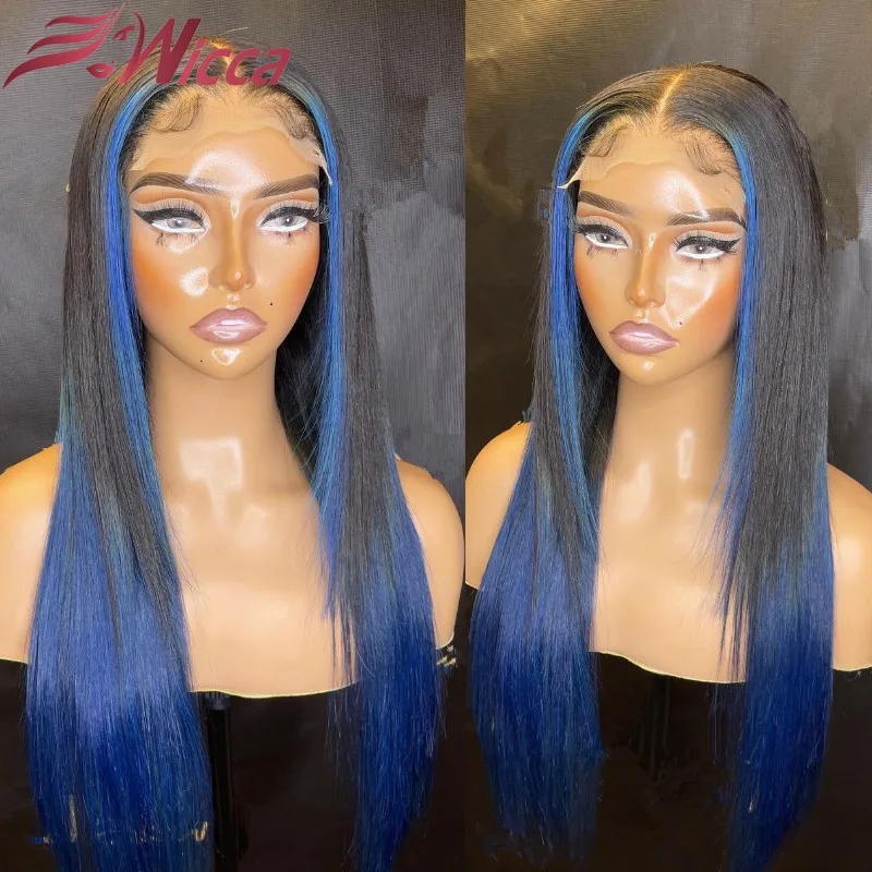 

13x6 Blue Lace Front Human Hair Wigs Highlights Transparent Straight Lace Front Wig Brazilian Hair 180 Density Deep Part Wig