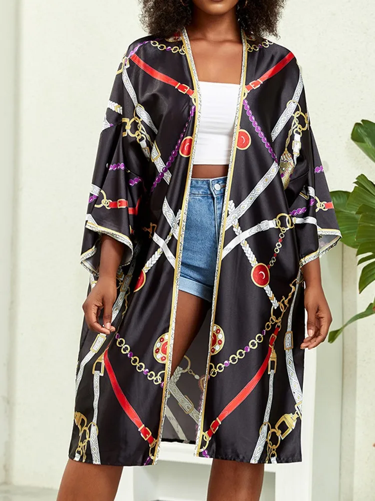 

Printed Cardigan Kimono Loose Lounge Wear Women Vacation Bikini Sun Protection Beach Cover Ups Bathrobe Kaftan Africa Robe