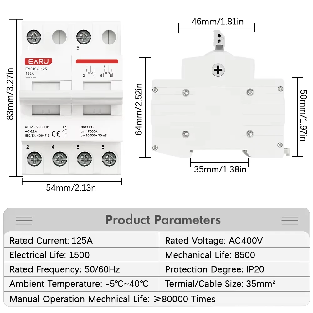 Din Rail Dual Power Manual Transfer Switch and Circuit Breaker, AC400V, 2P, 40A-125A Capacity