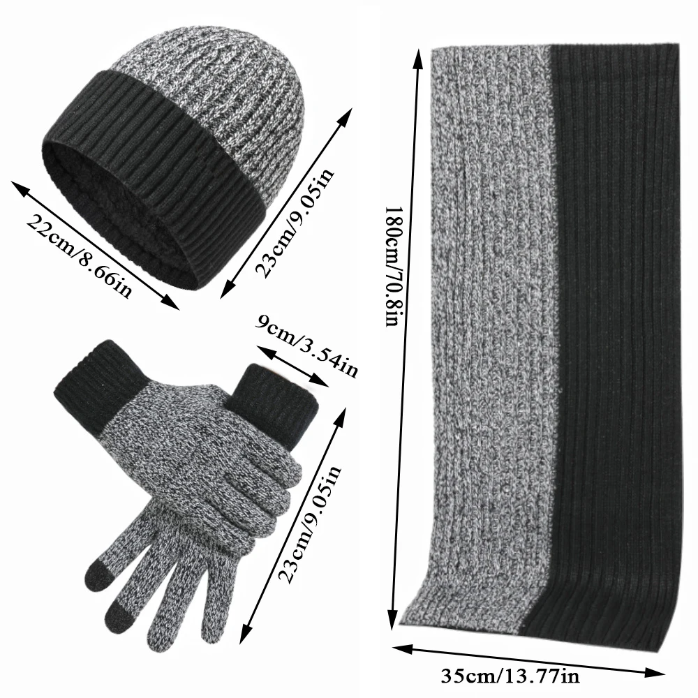 3pcs Wool Winter Hat Scarf Glove Sets for Men Women Beanies Hats Set Long Scarf Touch Screen Gloves