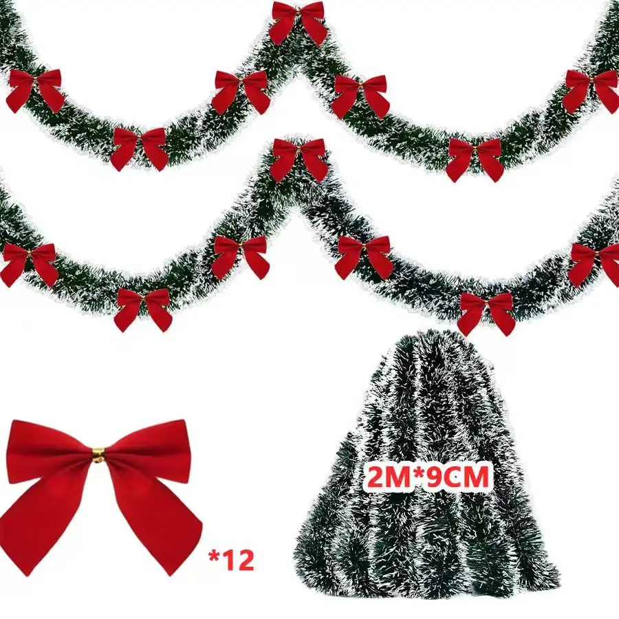 Festive Green Tinsel Ribbon with Bow Garland