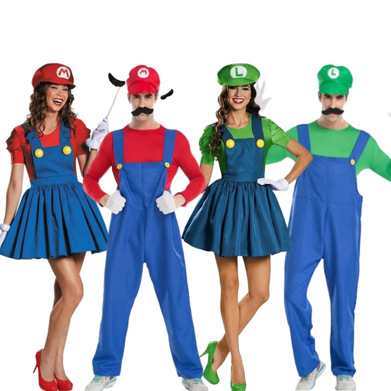 

Super Brother Costumes Cosplay Super Brother Plumber Bodysuit Hat Beard Suit Adults Couple Halloween Carnival Fancy Party Dress