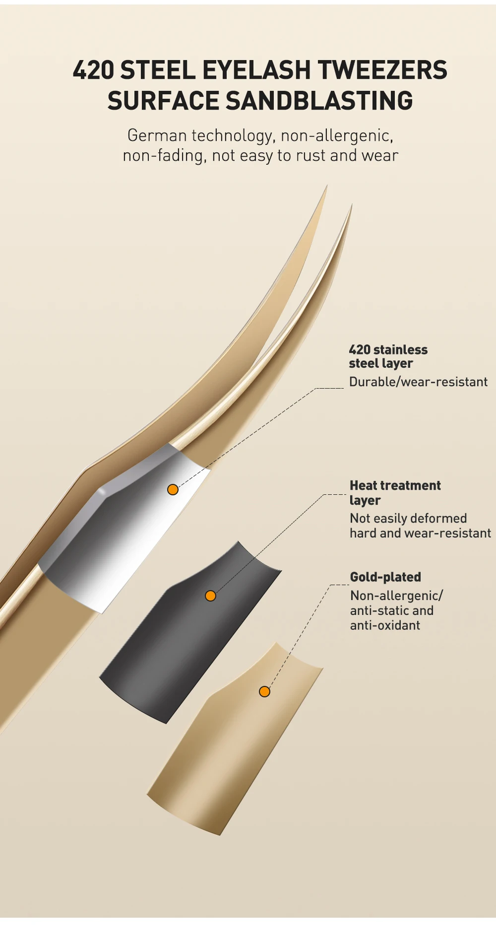 Sakurahana Präzisionspinzette mit Faserspitze, Wimpernverlängerung, Edelstahl, Goldgriff, Wimpern, rutschfest, Gold, Edelstahl – Detail 6