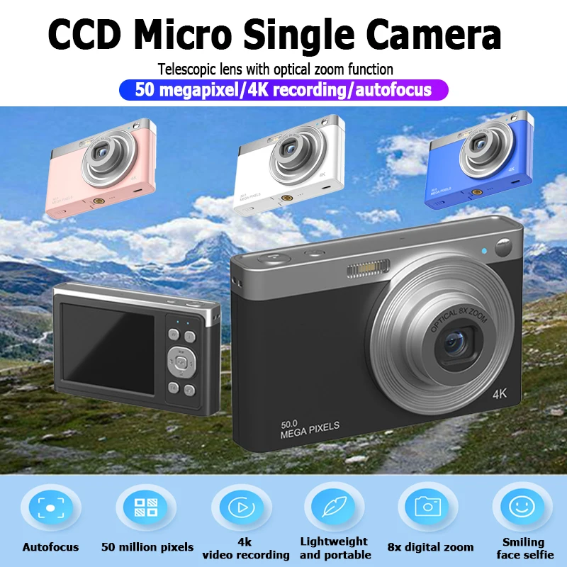 4K Digital Camera video recording 50 million pixels 8x digital zoom Autofocus Smiling face selfie Lightweight Portable