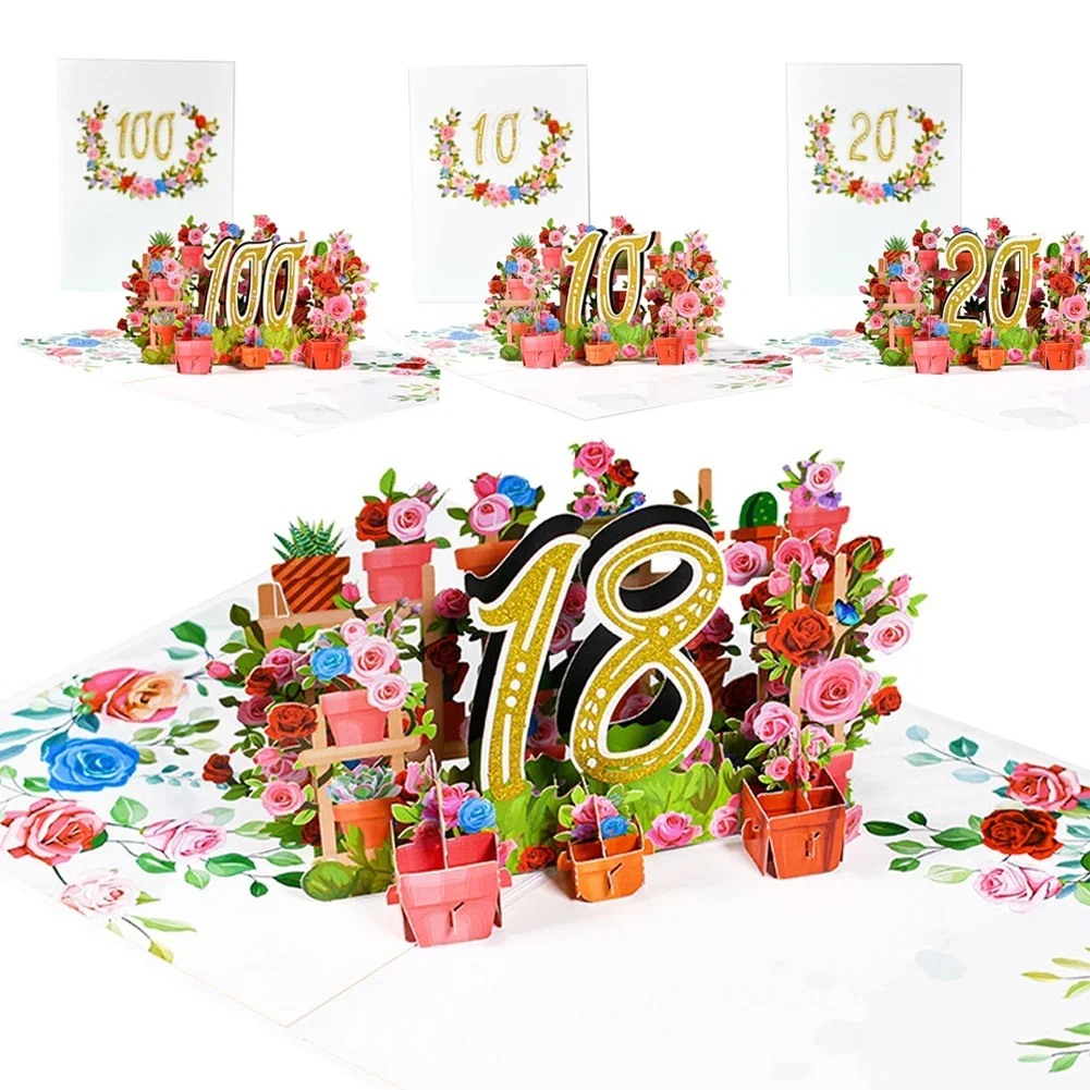 Cartoon 3D Ballon Greeting Card Blossom Pop Up 1/10/18/20/30/40/50/60/70/80/90/100 Anniversary Card for Birthday Valentine's Day
