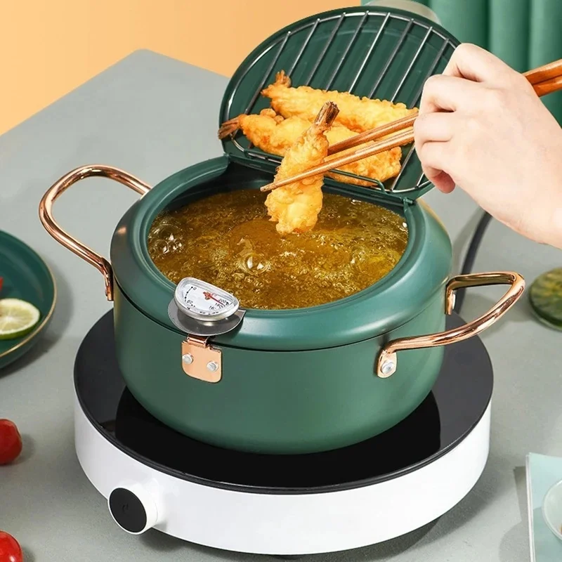 

Control Fried Chicken Pot Cooking Tools Green Stainless Steel Kitchen Deep Frying Pot Thermometre Tempura Fryer Pan Temperature