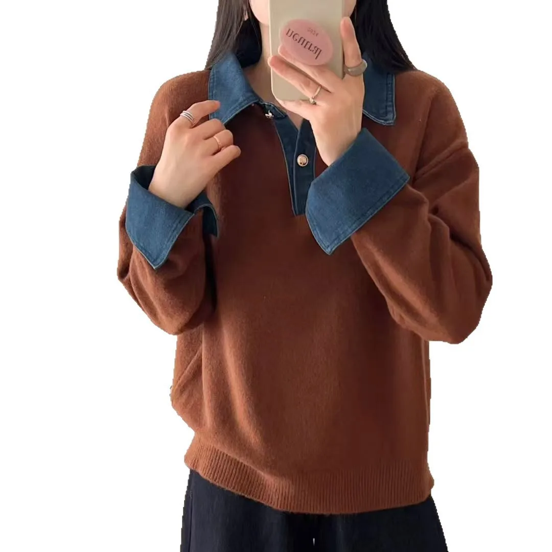 Women Denim Patchwork Knitted Sweater Autumn Winter