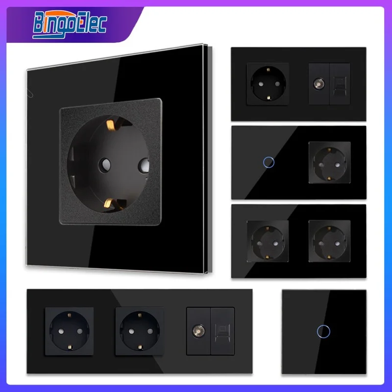 Bingoelec Luz Preta Interruptor do Sensor de Toque e Tomada Cat6 Rj45 com Painel Vidro Cristal Melhoria da Casa
