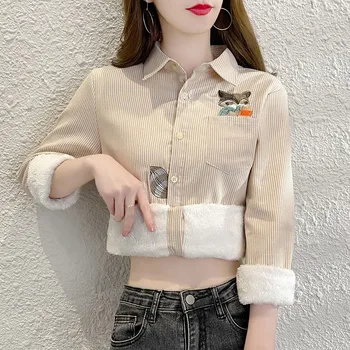 2023 Casual winter Autumn warm thick Stripe Fleece Blouses Women Ladies Tops Women Blouses Long Sleeve Shirt clothe S-2XL NS5822