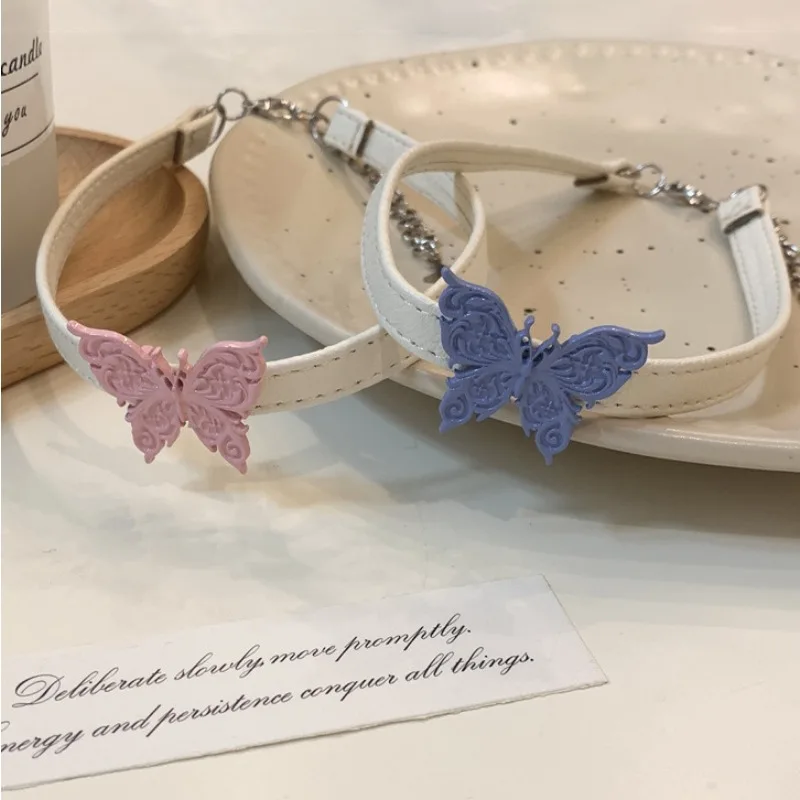 New White Choker Butterfly Necklace For Women Y2k Cute Leather Torques Necklace Jewelry Link Chain Butterfly Accessories Gift