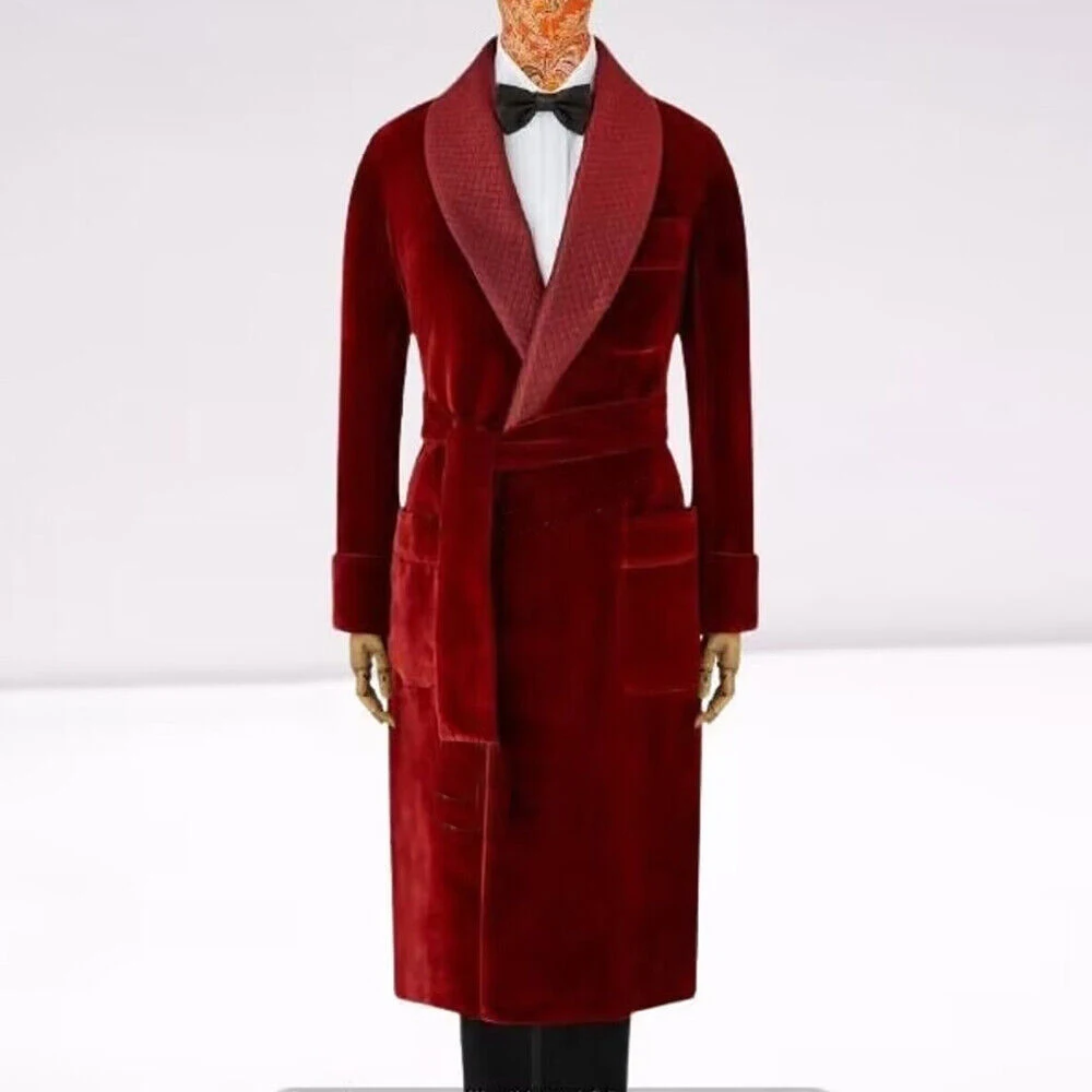 England Style Men's Suit Jackets Made Smoking Blazer Dinner Party Red Velvet Man Trench Coat Long Male Evening Dress