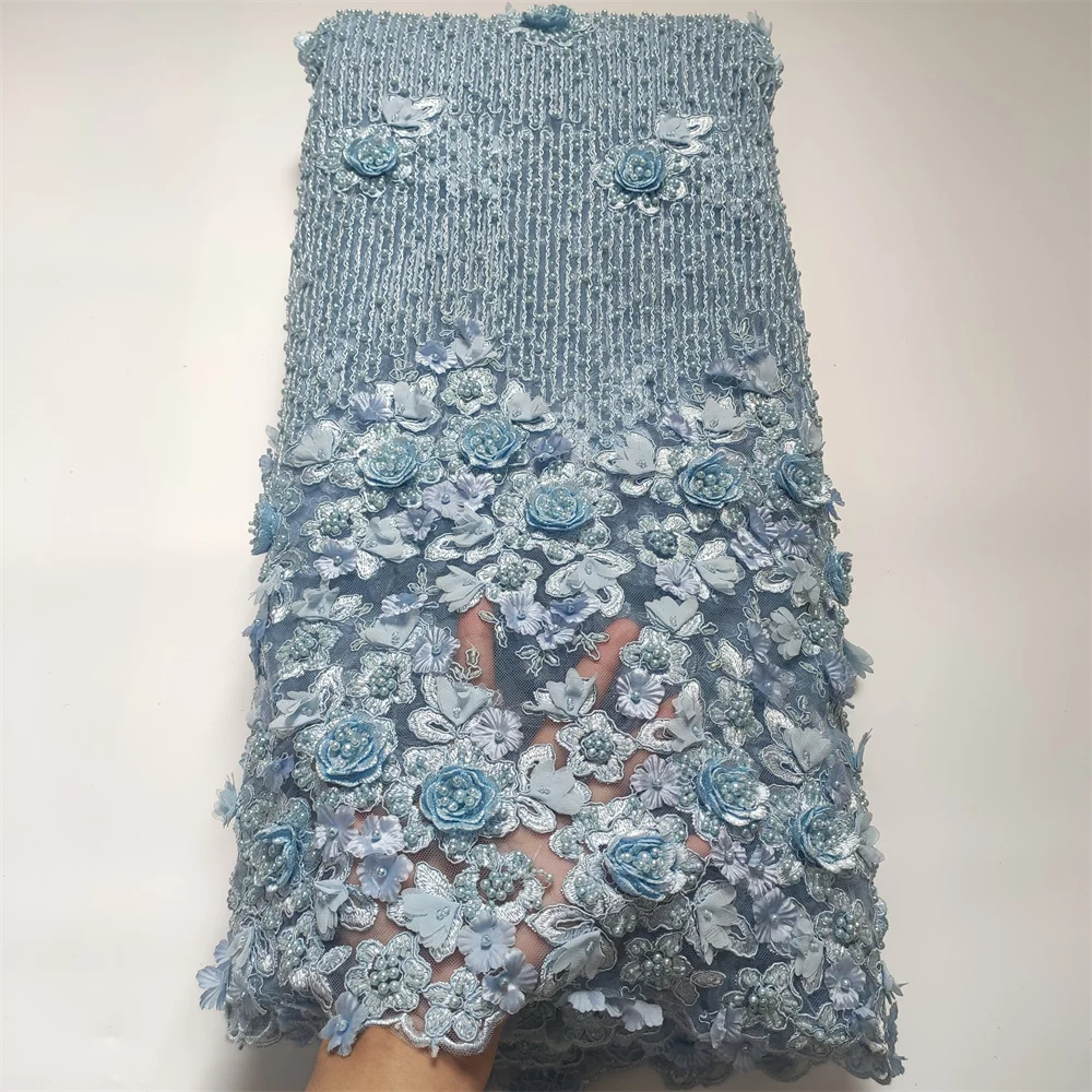 

2023 High Quality African Nigerian Tulle Lace Fabric Sequins Embroidery French Guipure Wedding Party Dress Beaded 5Yards