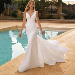 Elegant Mermaid Wedding Dresses Women V-Neck Open Back Spaghetti Straps Satin Simple Bridal Gowns Sweep Train Vestidos De Noiva
