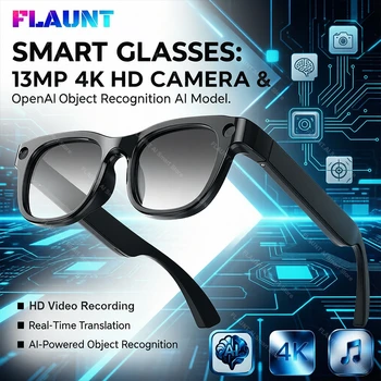 Occhiali Smart AI con Fotocamera 13MP 5K, 32GB ROM, Foto HD, Identificazione Oggetti, Videochiamata ChatGPT, Traduzione, Musica, WiFi, Bluetooth