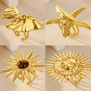 Imitation Opal Sun Rings for Women Stainless Steel Gold Color Starfish Ring Aesthetic Wedding Waterproof Jewelry