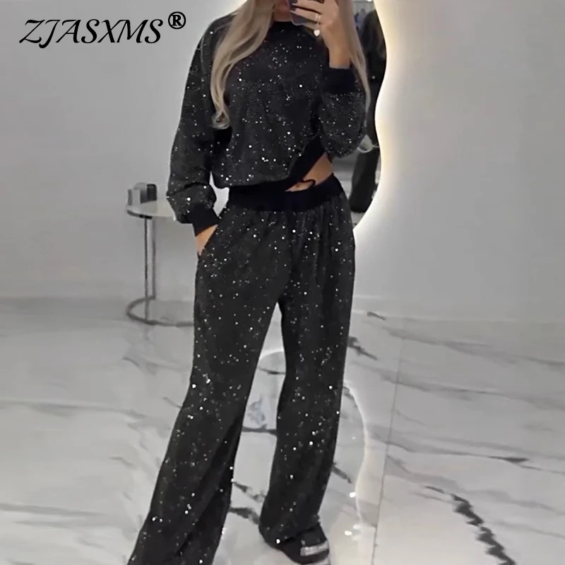 Sexy Shining Sparkling Women 2 Piece Set Outfit Fall O Neck 1