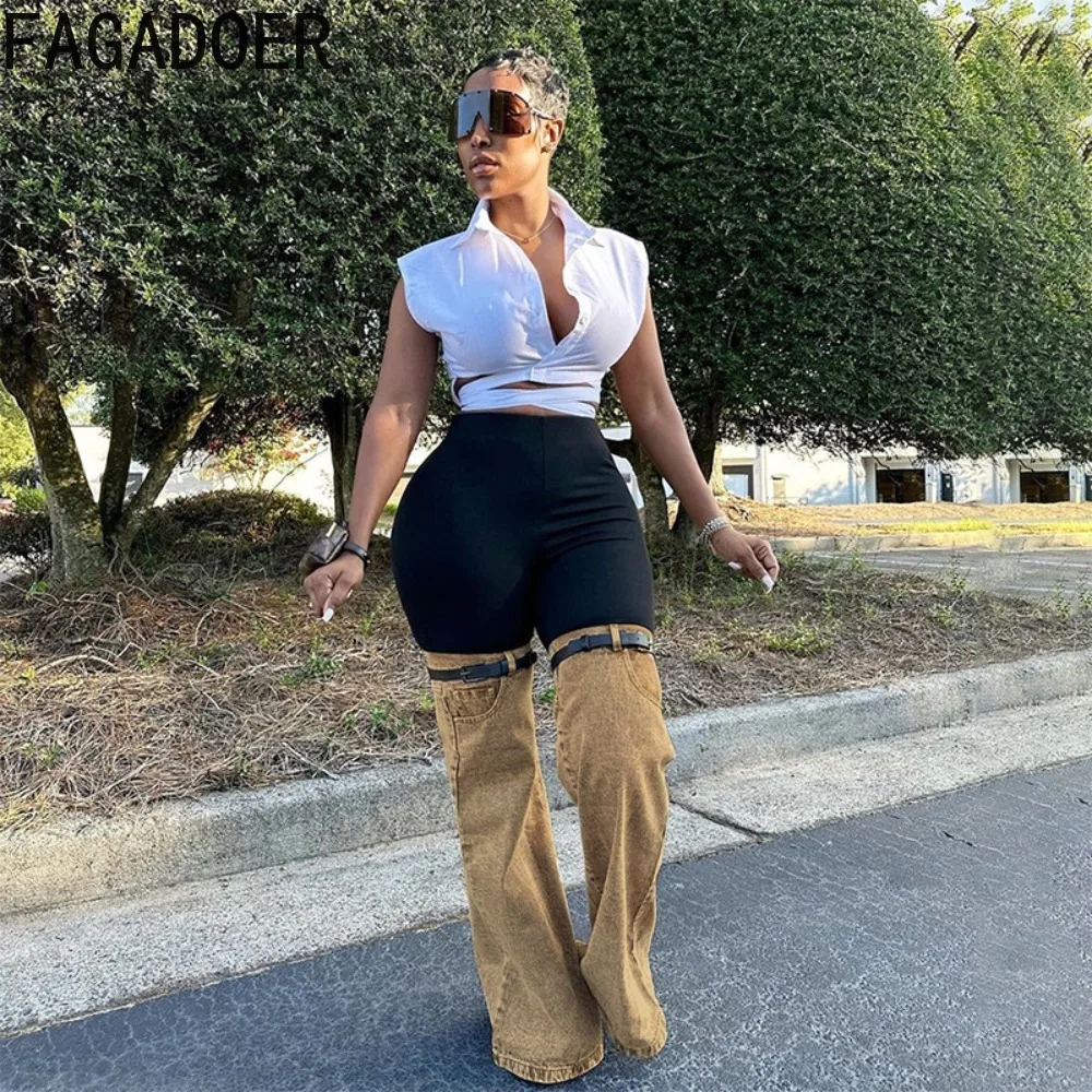 FAGADOER Fashion Vintage Streetwear Women High Waisted Button Patchwork Denim Pants Autumn Female Skinny Trousers Bottoms 2023