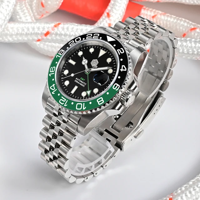 San Martin-Reloj de pulsera para hombre, accesorio bidireccional, bisel de cerámica, zafiro, resistente al agua 20 Bar, luminoso y de estilo lujoso, GMT, BGW-9 3