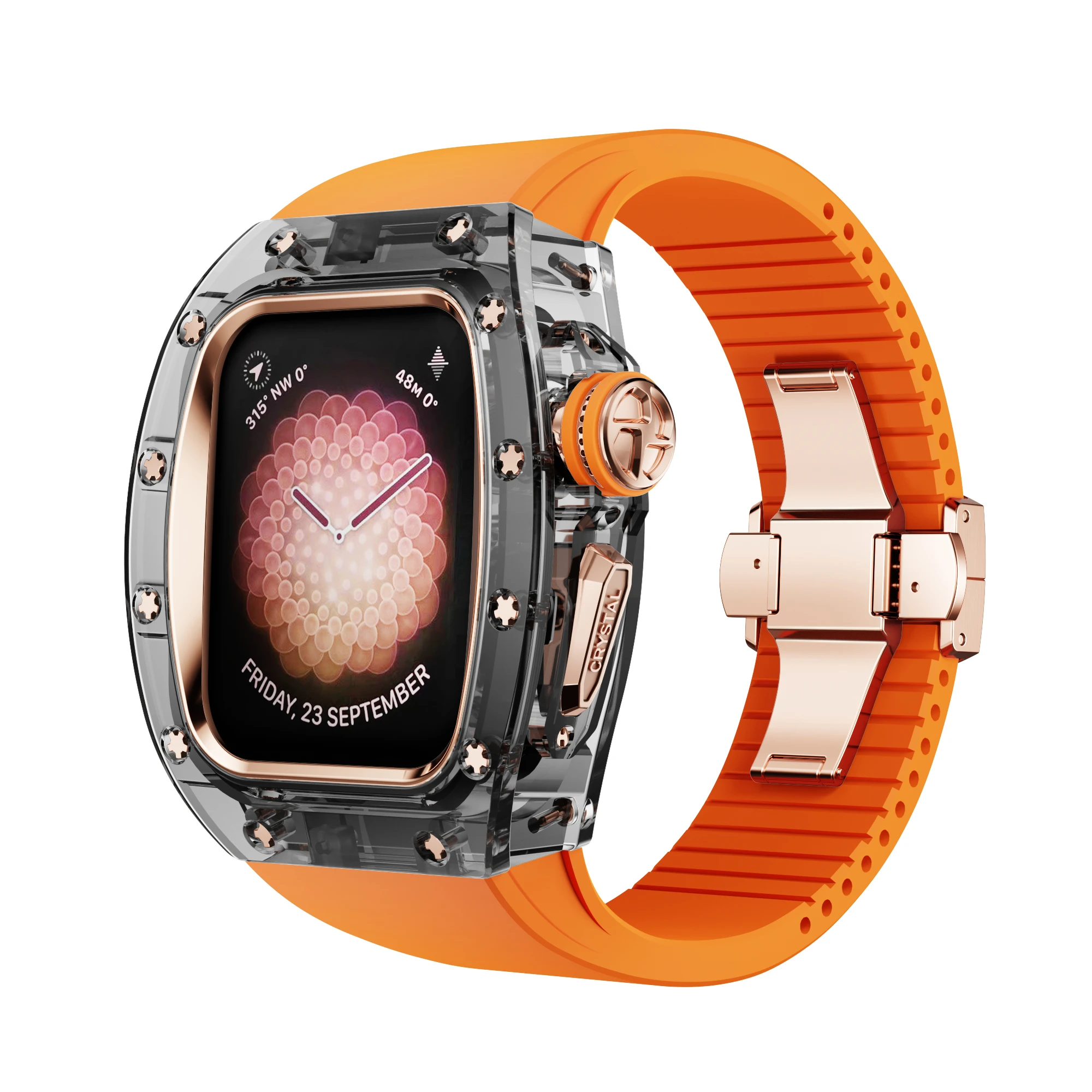 애플 워치용 Viton 스트랩 크리스탈 모드 키트, 패션 개조 케이스, 럭셔리 iWatch 시리즈 9, 8, 7, 6, 5, 4, SE, 오렌지 밴드, 44mm, 45mm