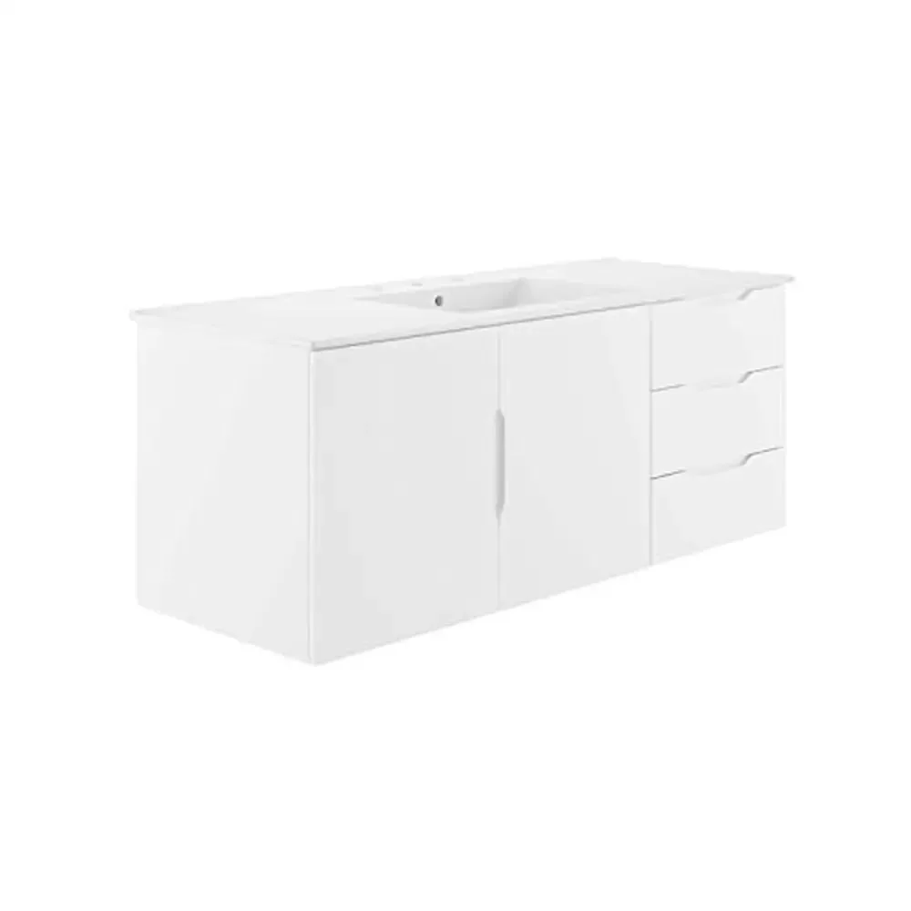 48" Modern White Bathroom Vanity with Ceramic Sink Durable Wood Construction Wall-Mount Design Two Drawers and Soft-Close Doors 2