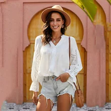 

New Spring long sleeve top women Solid Butterfly Sleeve Patchwork lace cotton V-Neck sexy womens tops blouses