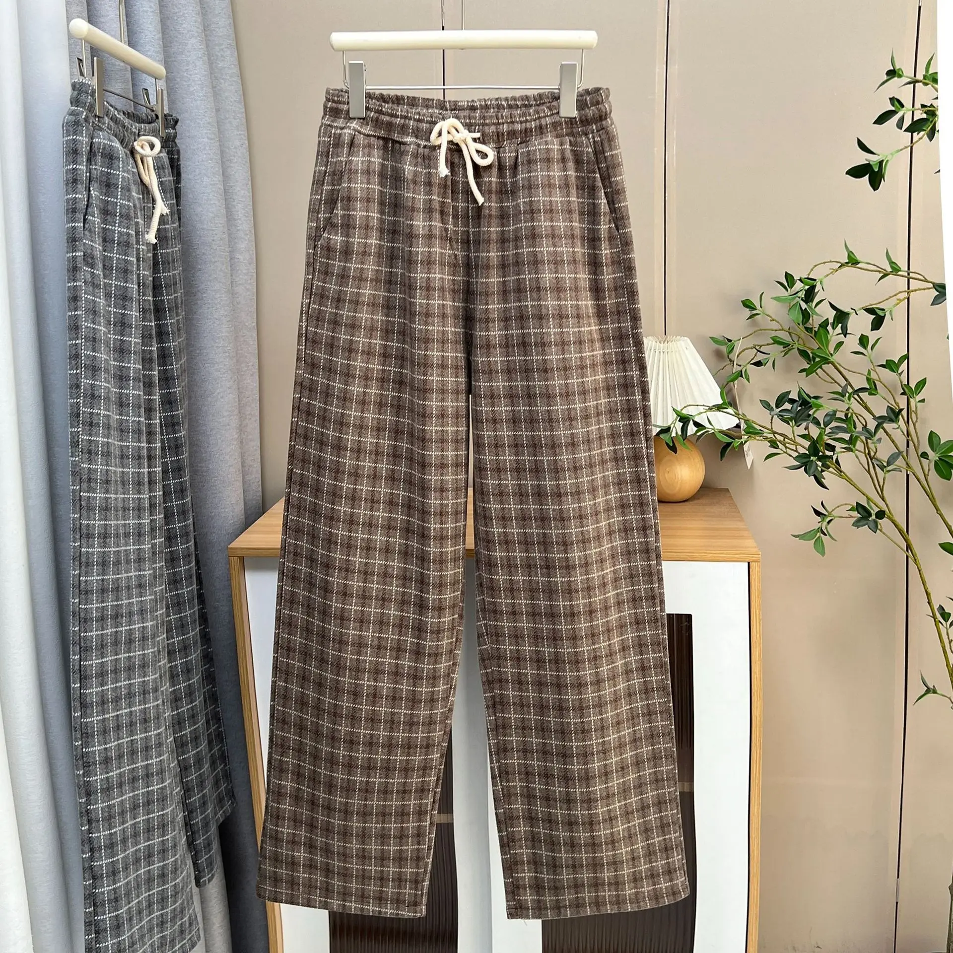 XXXXXL Fashion Plus Size Women's Straight Leg Pants Autumn Winter New Stylish Tweed Casual Woolen Plaid Long Trousers 1737