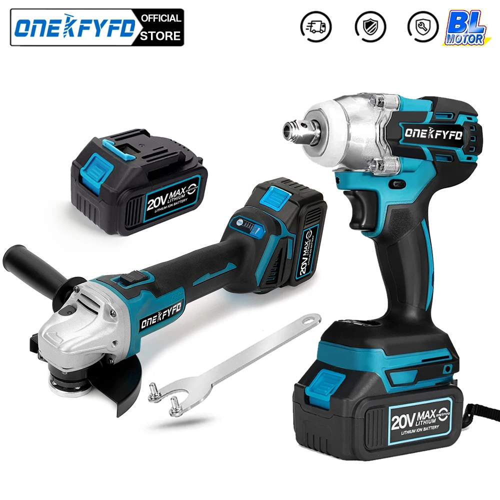 2 IN 1 Brushless Cordless Electric Impact Wrench 1/2 Inch + Cordless Impact Angle Grinder DIY Power Tools for 18v Makita Battery