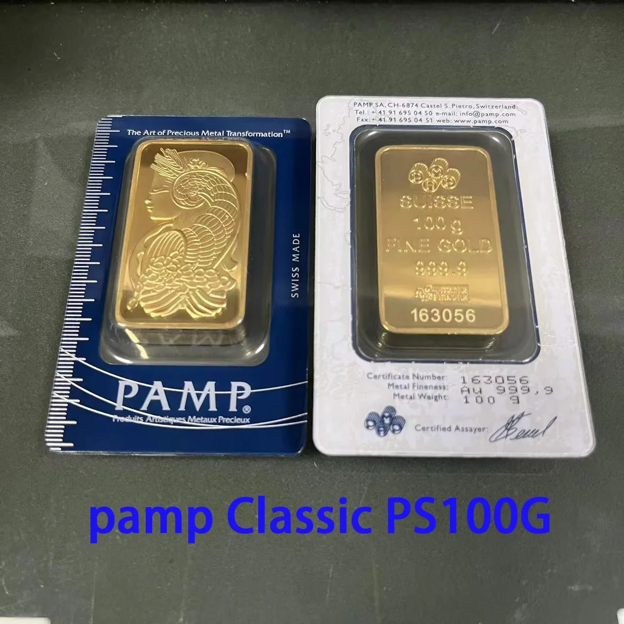 100 Gramm Schweiz Goldbarren, goldener Stiel, 24 Karat vergoldeter Messingkern, Kunsthandwerk mit individueller Seriennummer, versiegelter Verpackung