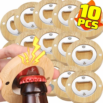 1/10PCS Apribottiglie di bambù rotondi Apribottiglie di birra magnetico Apri magnetico per frigorifero portatile per gadget per bevande per feste di nozze 1