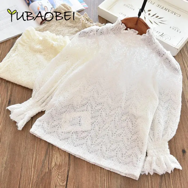 Spring Girls Lace Shirts White Long Sleeved Bottoming T-Shirt Kids High-Neck Punching Blouse Tops Children's Clothing Pullover