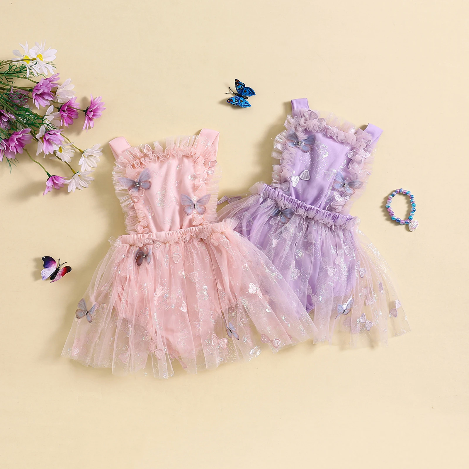 

Baby Girls Mesh Lace Rompers Dress Dot Butterfly Sleeveless Straps Backless Tulle Skirt Hem Infant Bodysuits Summer Clothes