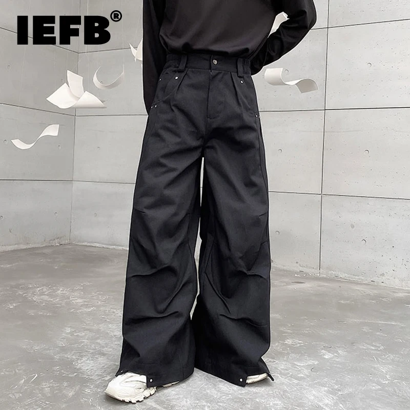 IEFB Men Pants Darkwear Pleats Loose Wide Leg Trousers Trend 2023 Solid Color New Autumn Fashion Pocket Male Japanese 9A5642