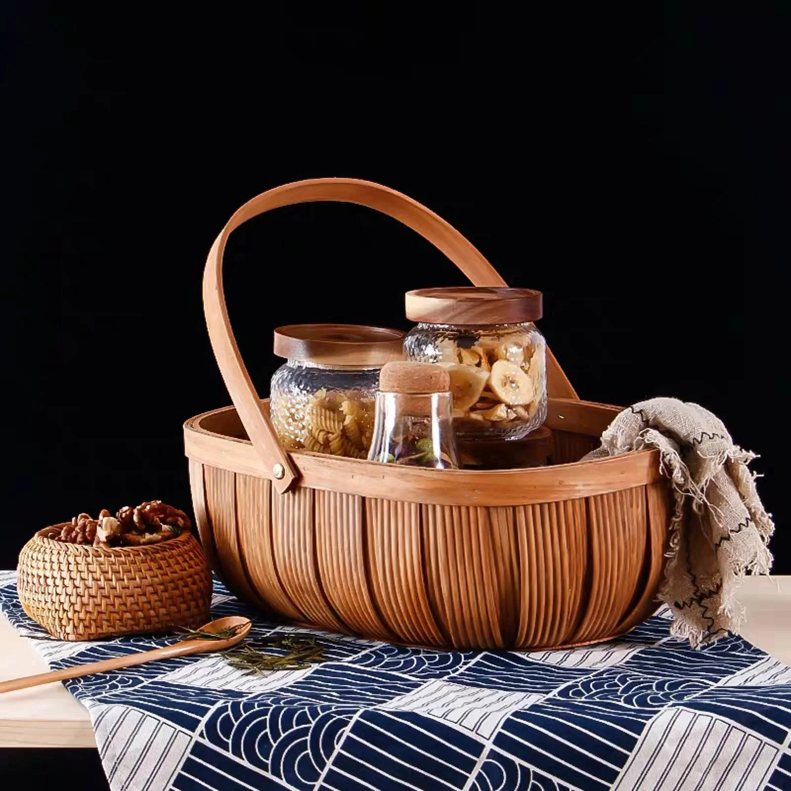 Wood Chip Picnic Basket with Handle Easter Basket Farmhouse Decor Vegetable Snack Basket for Foods or Small Sundries 5