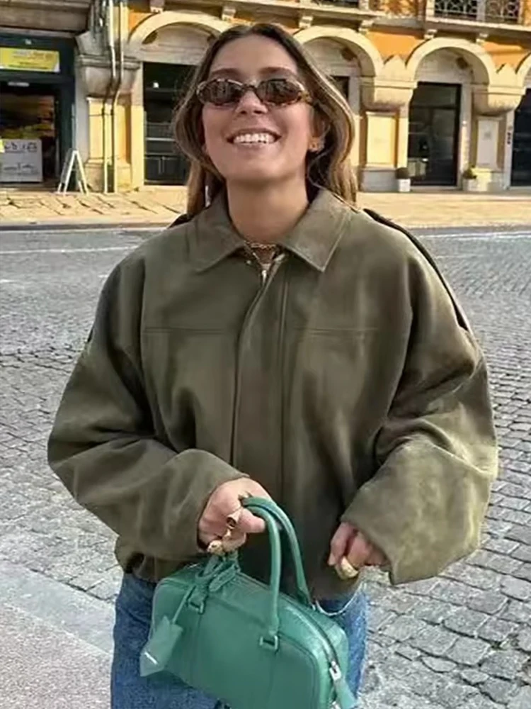 Women Coffee Suede Jacket Coat 2026 Spring Autumn New Fashion Long Sleeve Zipper Loose Bomber Jackets Chic Casual Streetwear ﻿ ﻿