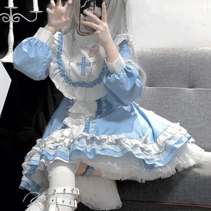 Dress Women Harajuku Gothic Lolita OP Kwaii Bow Ruffles Blue White Patchwork Princess Japanese Tea Party Mini