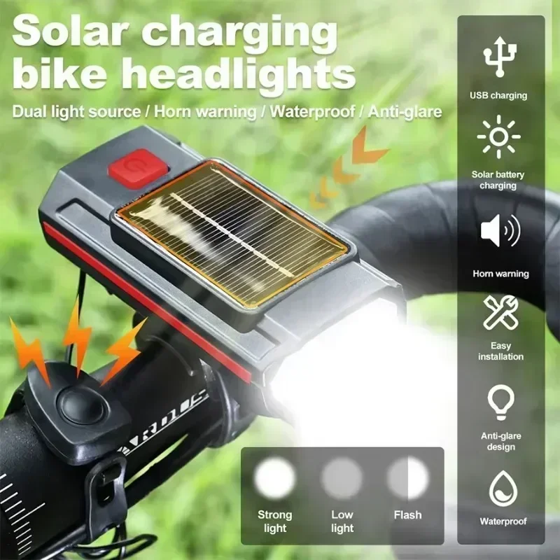 Bike Headlight Bicycle Horn Light USB Rechargeable Mountain Road Bike Front Lamp Power Solar Charging Cycling 120dB