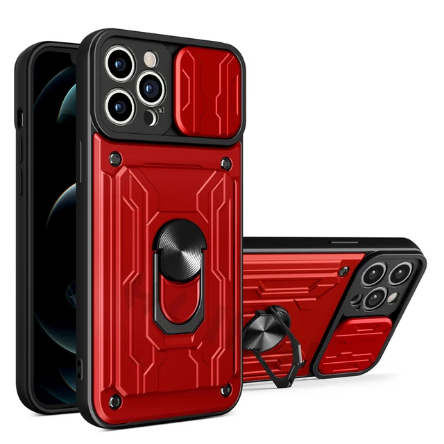 For iPhone 13 12 11 Pro Max Case Slide Stand Kickstand Ring Camera Military Grade Card Slot SE 2020 XR XS Max X XS 8 Plus Cover Red
