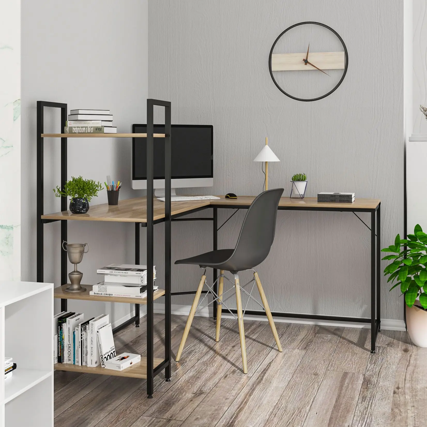  HOMCOM Escritorio esquinero en forma de L, escritorio de  oficina en casa giratorio de 360 grados con estantes de almacenamiento,  estación de trabajo de mesa de escritura, color blanco : Hogar