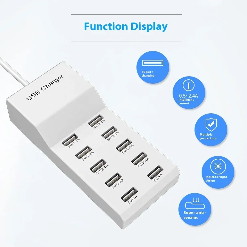 Smart 10-Port USB Charger for Mobile Phones Fast-Charging Flat Panel Power Station for Home Office Use with Travel Features US/E