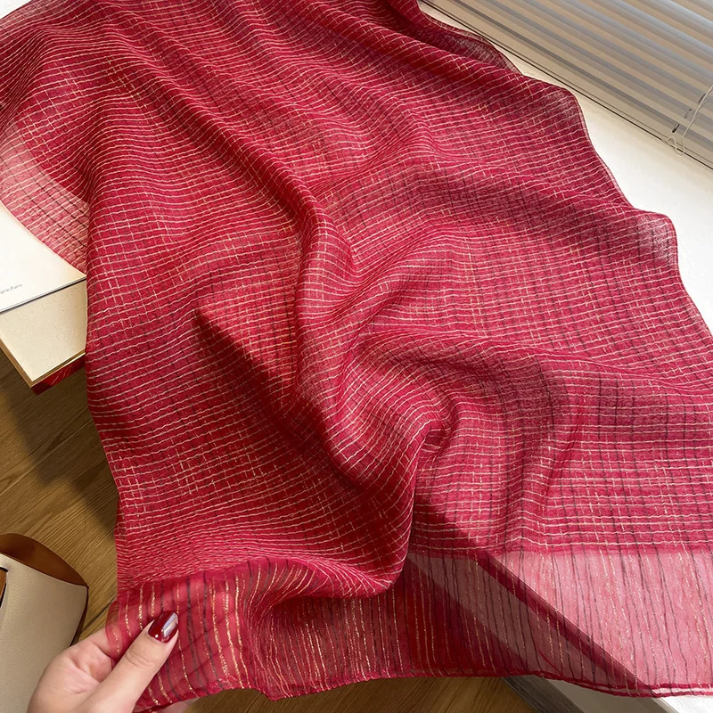 New Korean Edition Plaid Silk Scarf Spring and Autumn Mulberry Silk Shawl Silk Wool Scarf Long Scarf