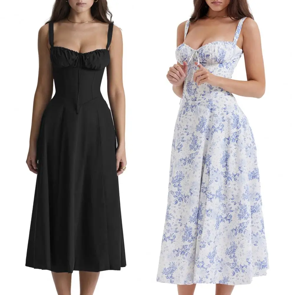 

Sleeveless Party Dress Elegant Lace-up Bandeau Midi Dress with Corset Design Side Split Hem Women's Floral for Slim for Women