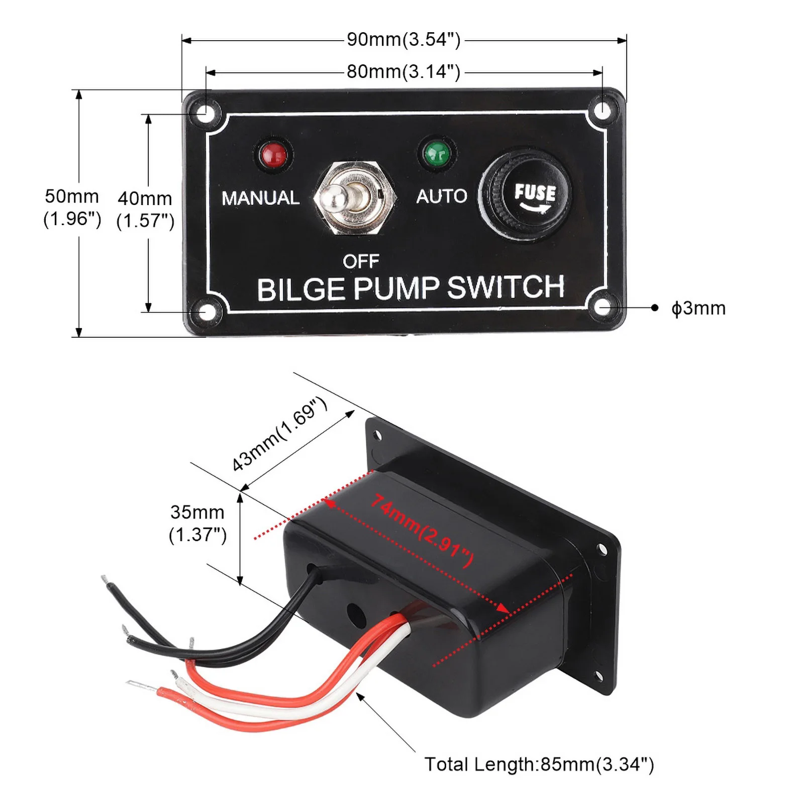 Panneau Commande Pompe De Cale 3 Voies - Auto/Arrêt/Manuel - LED - Disjoncteur 15A - 12V/24V - Pour Bateau