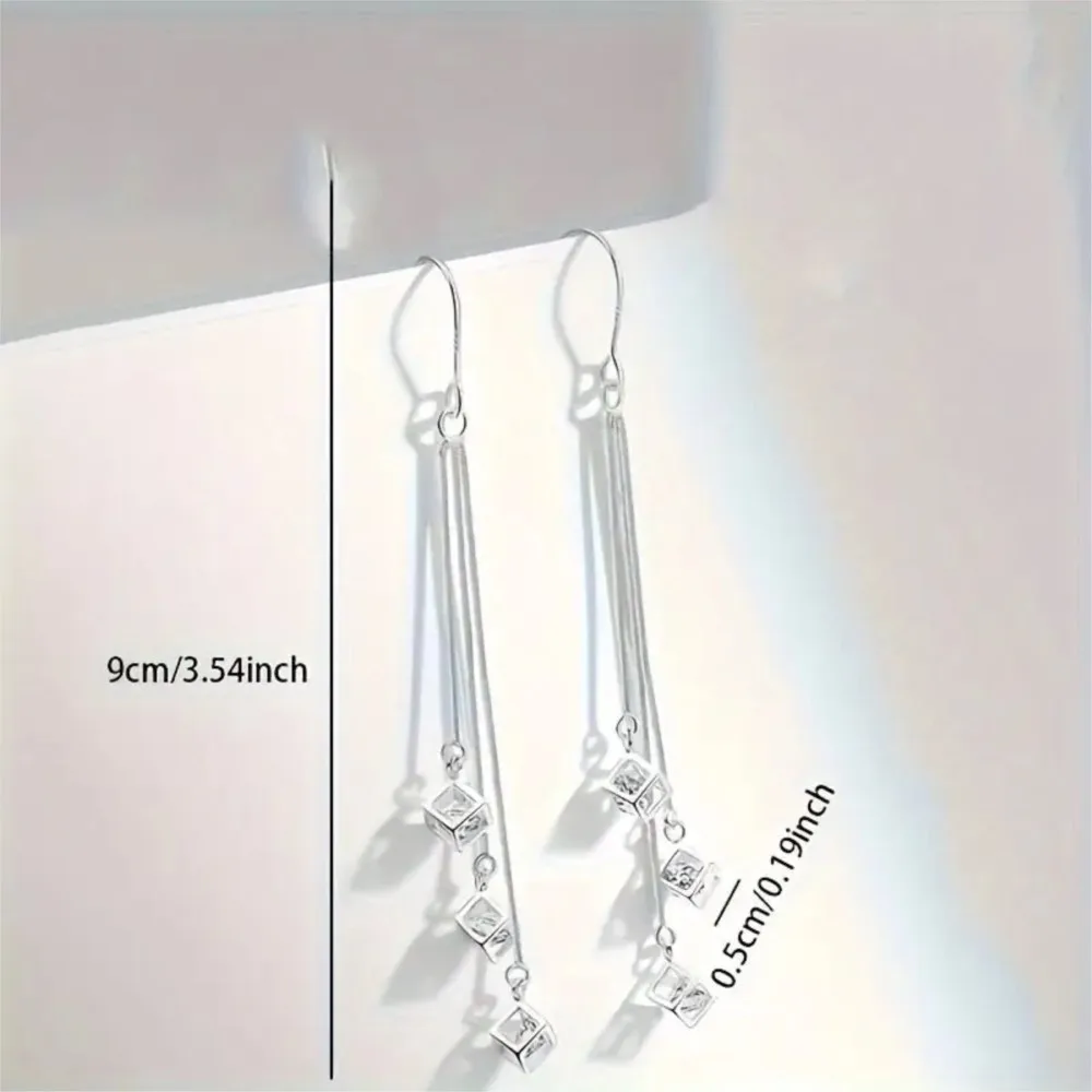 Silver Color Long Tassel Square Rhinestone Earring for Women Classic Style Durable Earrings Wedding Jewelry Gifts