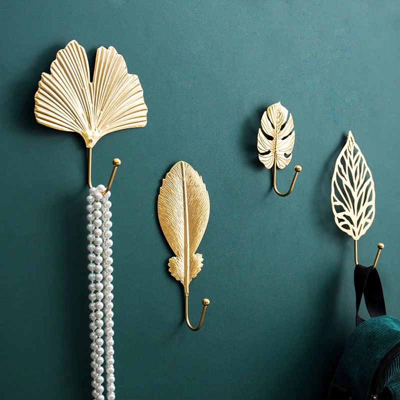 

Nordic Style Hooks Gold 1Pc Hanging Storage Rack Wrought Iron Wall Hook Hanger Creative Leaf Shape for Home Bathroom Decoration