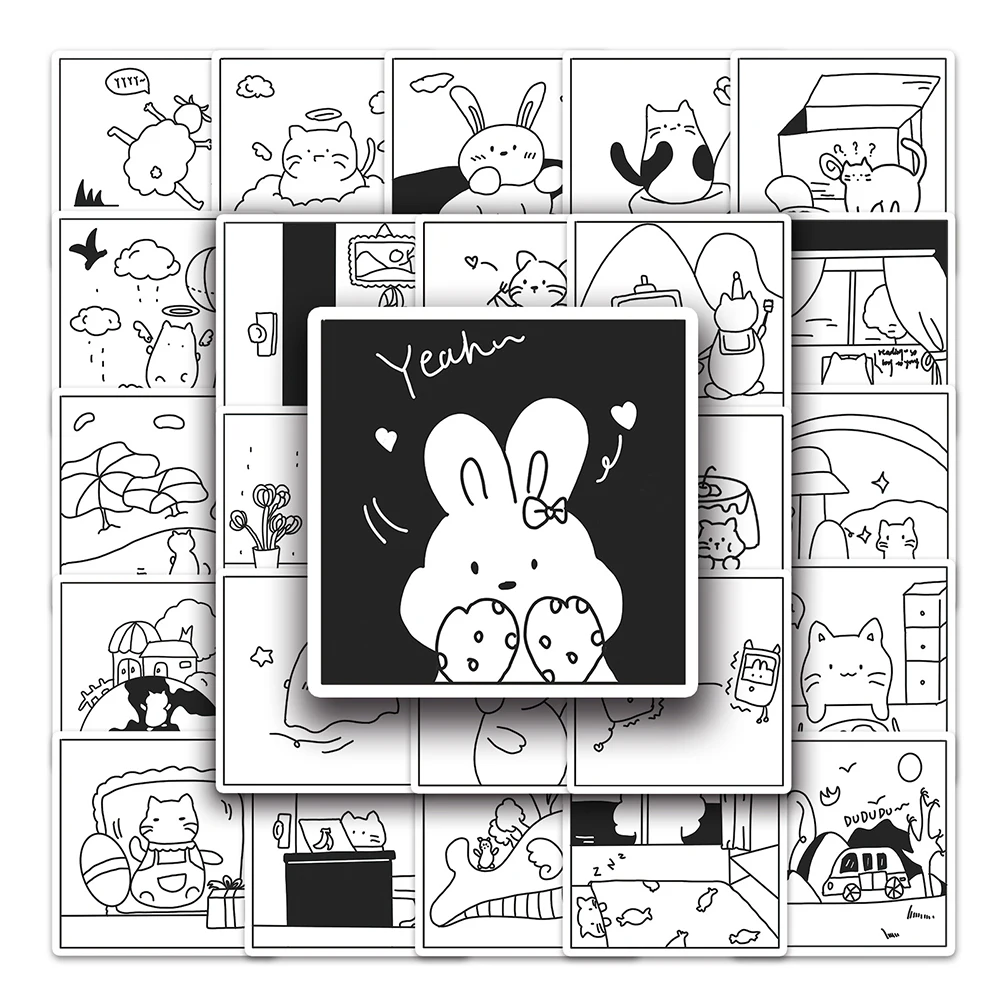 

10/30/50pcs Black White Cats Rabbit Stickers Cute Cartoon Animal Decals Decoration For Laptop Notebook Fridge Phone Car Kids Toy